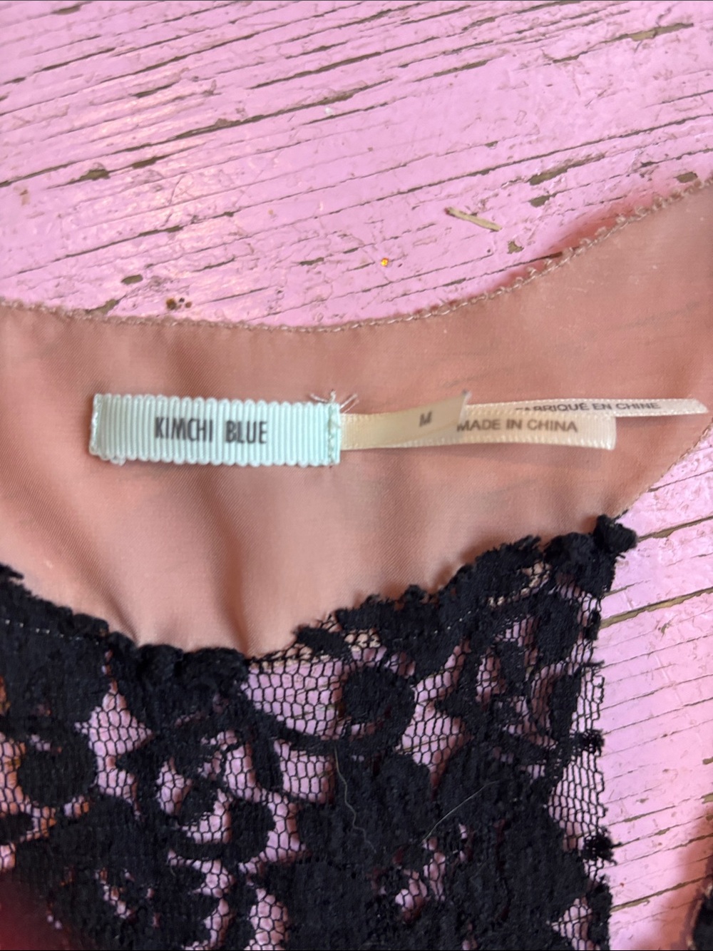 Kimchi Blue Blush Pink Mini Dress with Black Lace Trim - Picture 4 of 5
